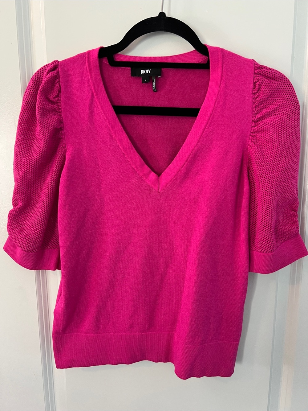 DKNY Bright Pink V-Neck Short Puff Sleeve Top